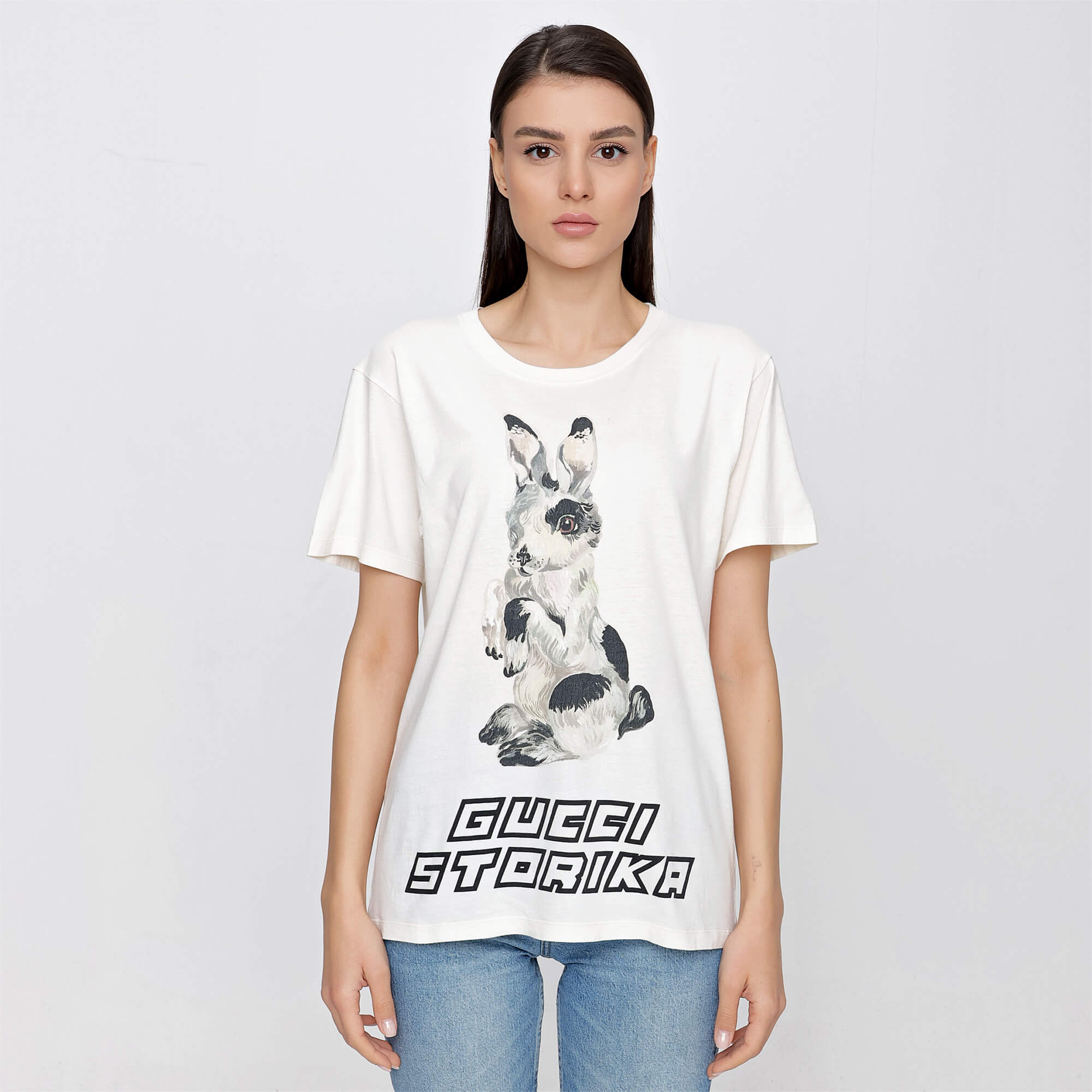 Gucci - Off White Cotton Rabbit Print Storika Tshirt